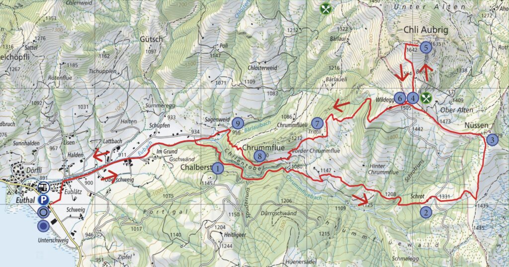 Rundwanderung Euthal - Nüssen - Chli Aubrig - Wanderkarte