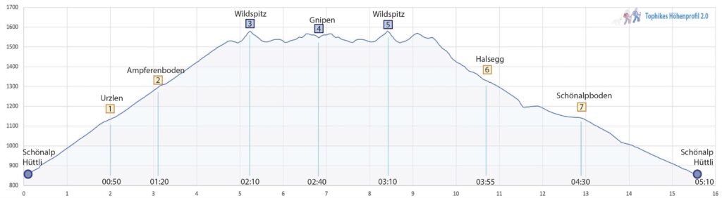 Rundwanderung Sattel - Wildspitz - Höhenprofil