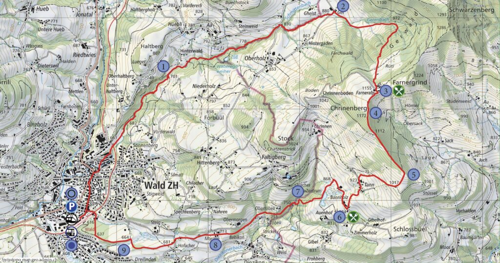 Rundwanderung Wald - Sagenraintobel - Farneralp - Chrineberg - Tannberg - Wald- Wanderkarte