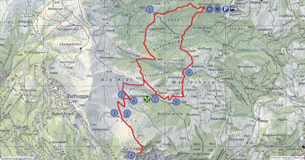 Rundwanderung Schnapsgrotzen - Gonzen - Wanderkarte