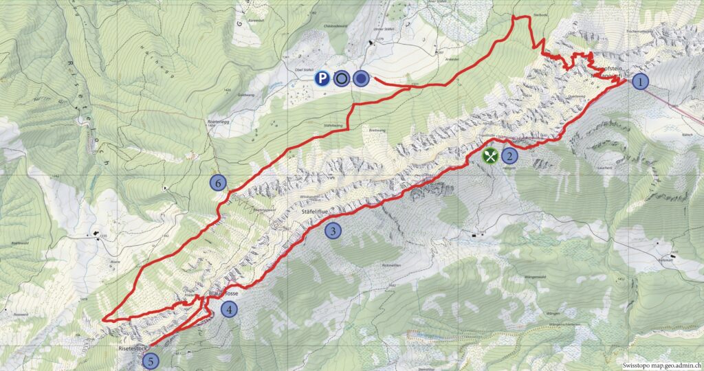 Rundwanderung Stäfeli - Mittaggüpfi - Stäfeliflue - Blaue Tosse - Risetestock - Wanderkarte