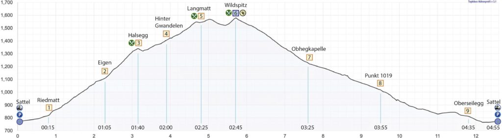 Rundwanderung Sattel - Wildspitz - Höhenprofil