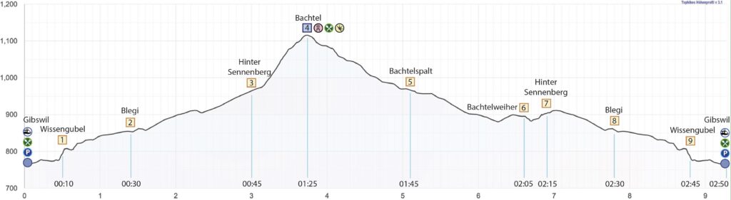 Rundwanderung Gibswil - Bachtel - Höhenprofil
