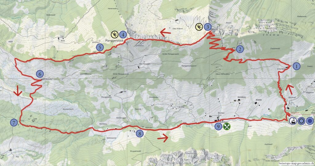 Rundwanderung Morgenholz - Hirzli - Planggenstock - Wanderkarte