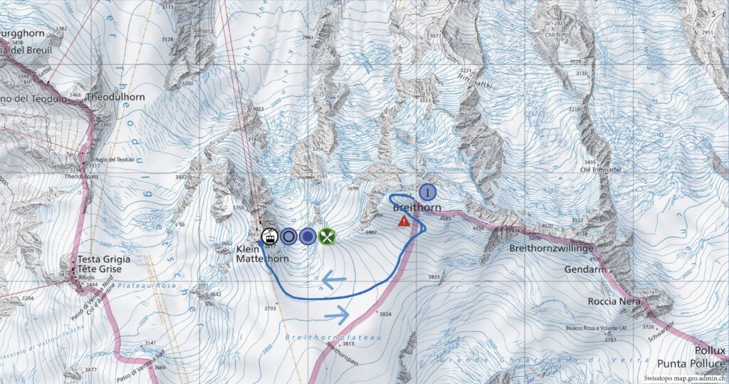 Hochgebirgstour von ZermattKlein Matterhorn - Breithorn 4164 M. ü. M - Wanderkarte