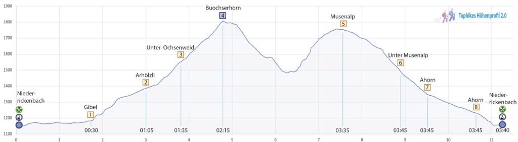 Rundwanderung Niederrickenbach - Buochserhorn - Musenalp - Höhenprofil