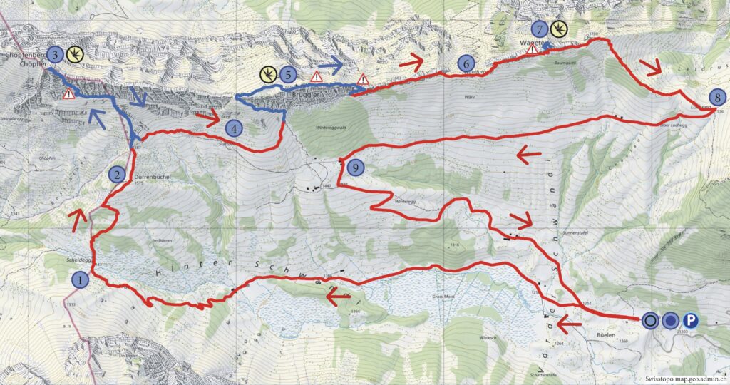 Rundwanderung Schwändital (Matt) -Chöpfenberg - Brüggler - Wageten - Wanderkarte