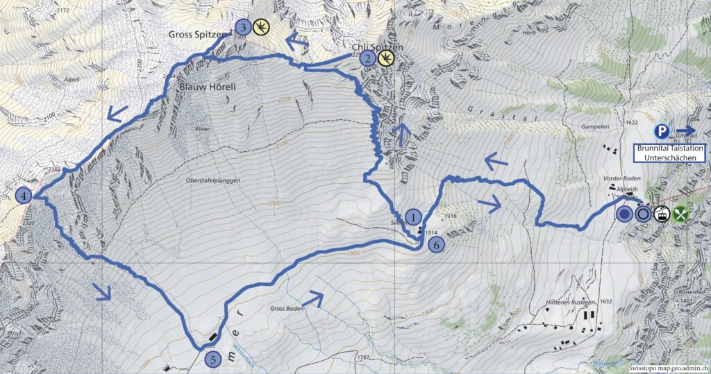 Rundwanderung Sittlisalp - Chli Spitzen - Gross Spitzen - Wanderkarte