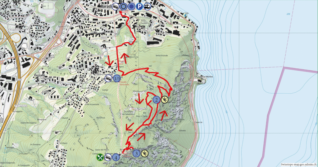 Rundwanderung Lugano Paradiso - Monte San Salvatore - Wanderkarte