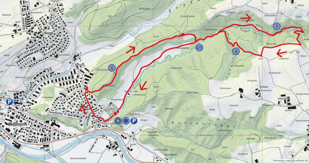 Rundwanderung Kollbrunn - Bäntal Giessen - Tüfelschilen - Wanderkarte