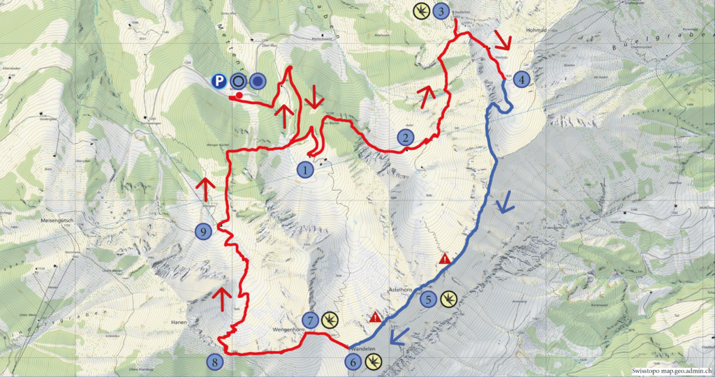 Rundwanderung Mülimäs - Arnigrat (Astelhorn Wandelen Wengenhorn) - Wanderkarte