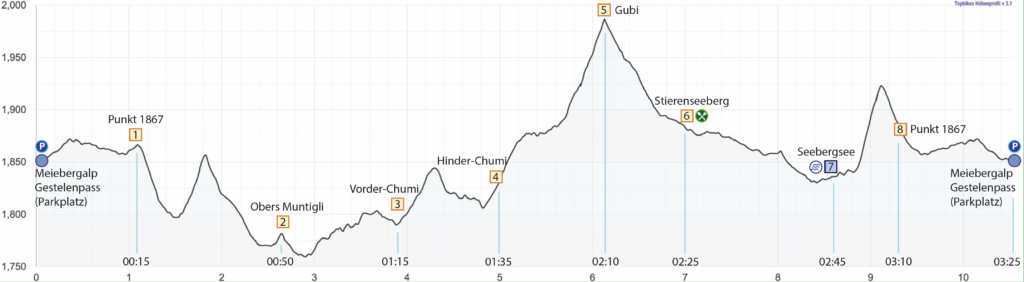 Rundwanderung Meiebergalp (Gestelenpass) - Seebergsee (Diemtigtal) - Höhenprofil