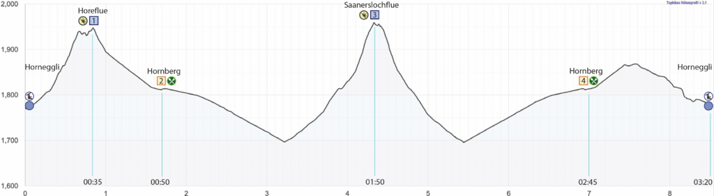 Rundwanderung Horneggli - Horeflue - Saanerslochflue - Höhenprofil