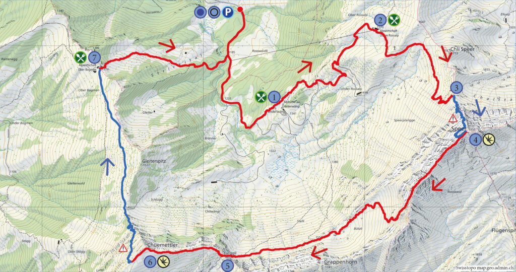 Rundwanderung Mittlerwängi -Speer - Chüemettler (Kletterweg) - Wanderkarte