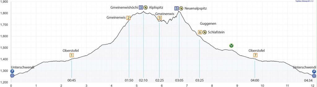 Rundwanderung Alt St. Johann - Alplispitz - Neuenalpspitz - Höhenprofil