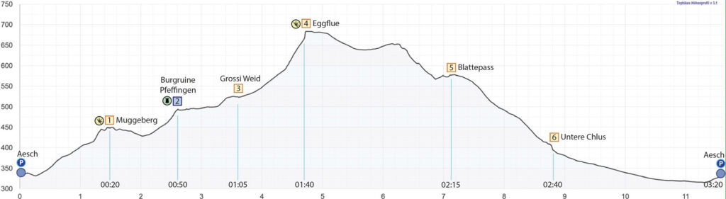 Rundwanderung Aesch - Burgruine Pfeffingen - Blattepass - Höhenprofil