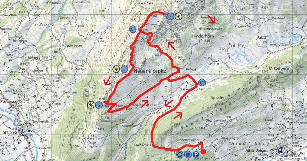 Rundwanderung Alt St. Johann - Alplispitz - Neuenalpspitz - Wanderkarte