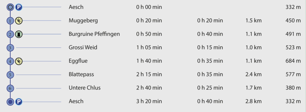 Rundwanderung Aesch - Burgruine Pfeffingen - Blattepass - Wegpunkte