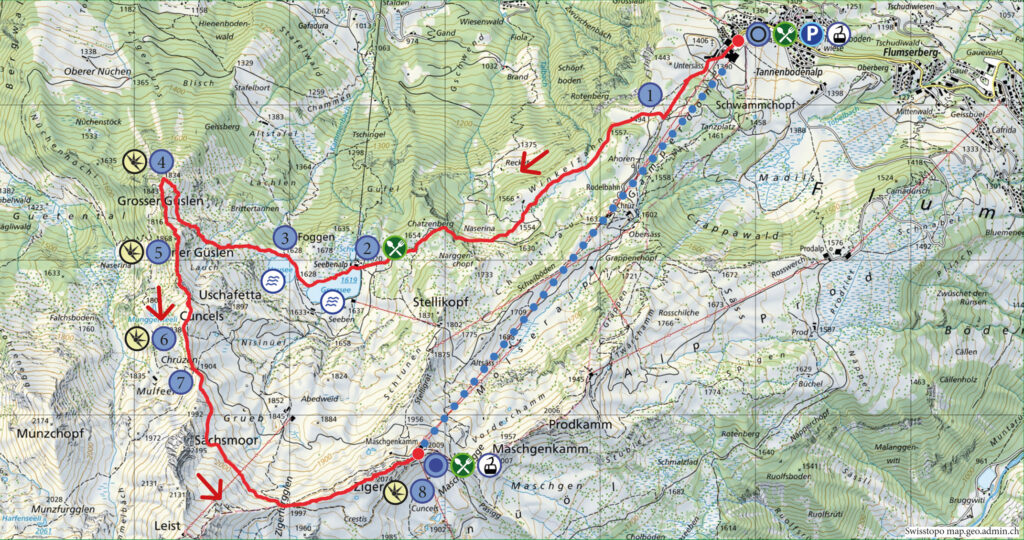4 Gipfel Wanderung Flumserberg Tannebodenalp - Maschgenkamm - Wanderkarte